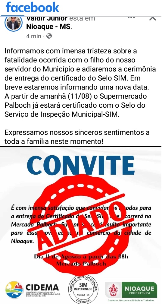 O prefeito de Nioaque, Valdir Couto de Souza Júnior, expressou suas condolências à família enlutada por meio das redes sociais.