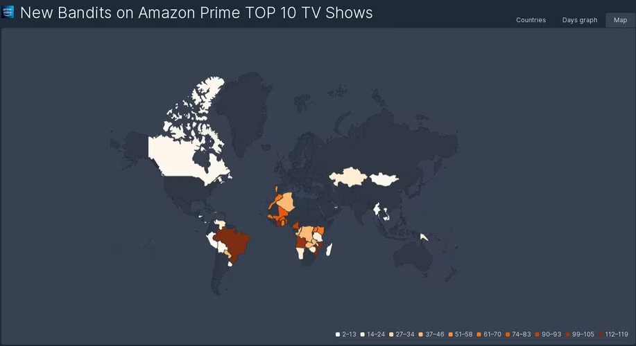 Dados do site 'FlixPatrol' sobre a série 'Cangaço Novo'. As cores mais fortes representam os países em que a série mais foi assistida.