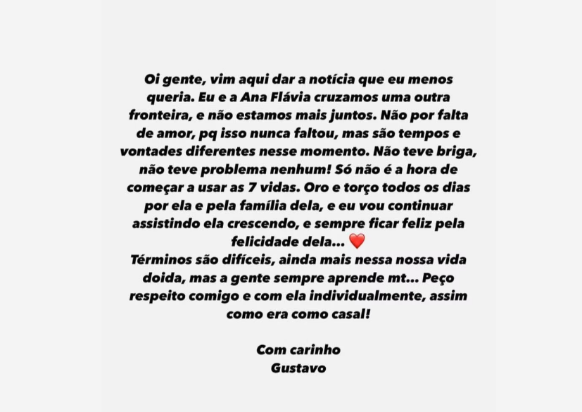 Gustavo Mioto informou término em suas redes sociais