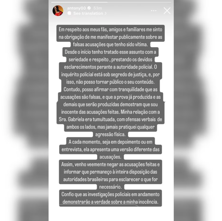 Nas redes sociais, Antony desmente Gabriela, assume 'relação conturbada' e se diz inocente. 