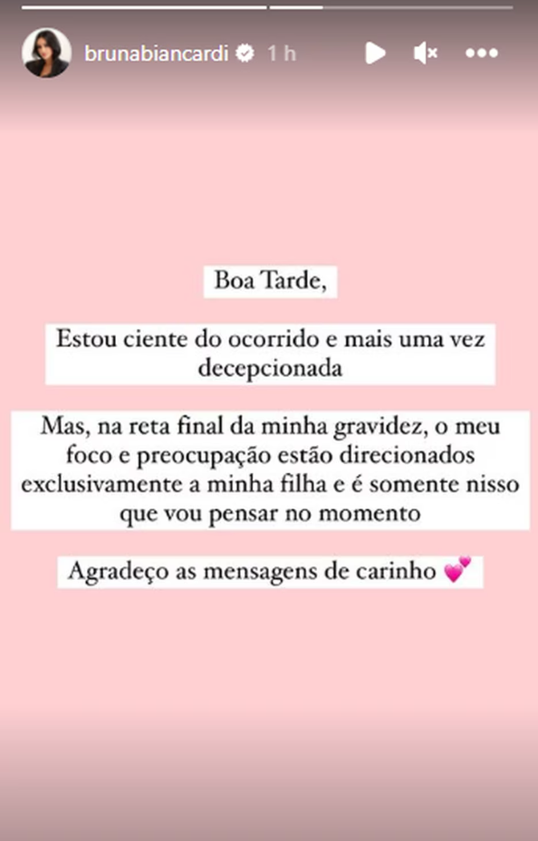 Pronunciamento feito por Bruna Biancardi no Instagram. 