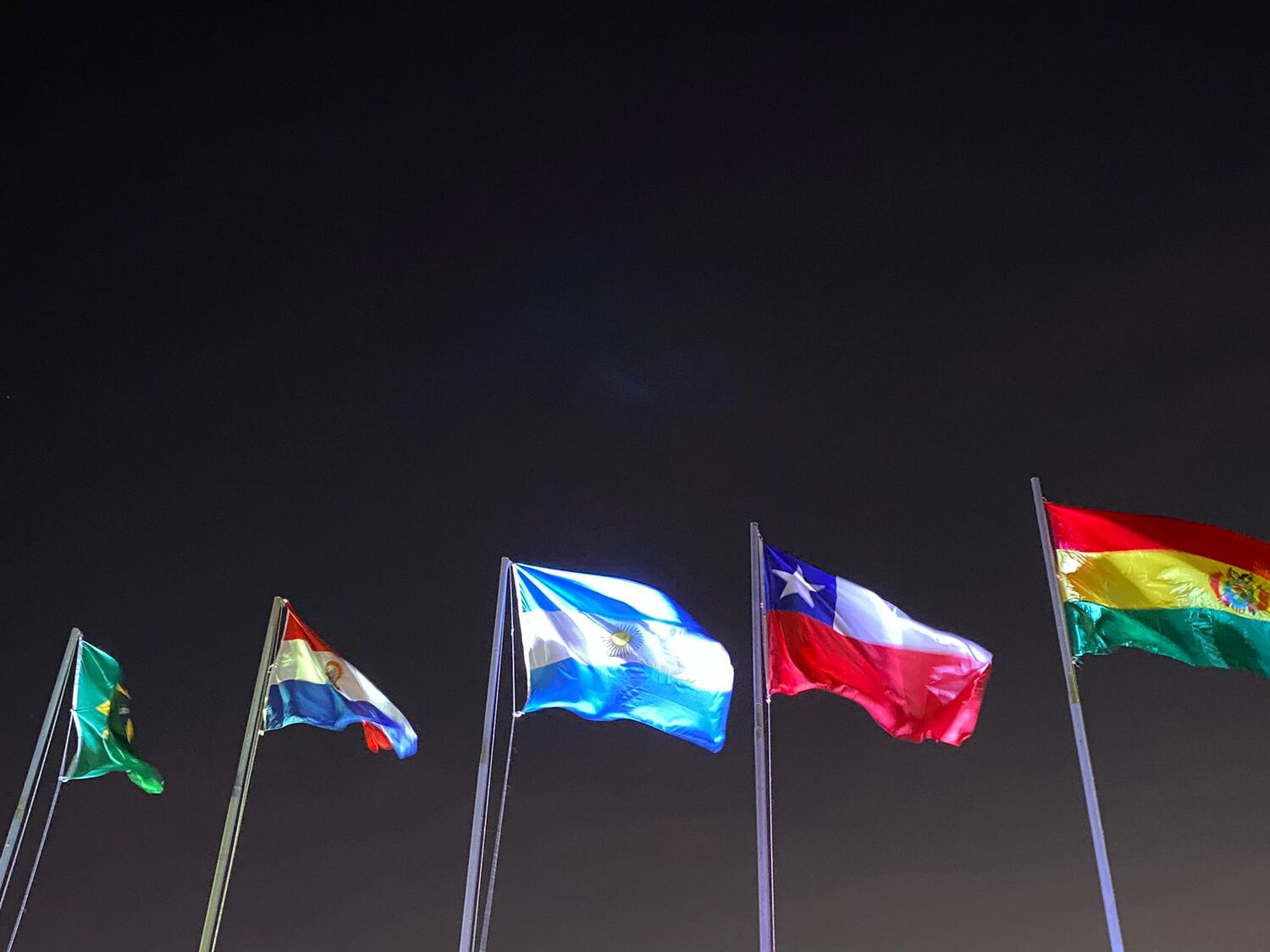 Bandeiras de Brasil, Paraguai, Argentina, Chile e Bolívia, países que abrangem a rota