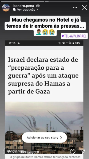 Leandro Pena teve de voltar urgente para o Brasil devido ao conflito em Israel. 