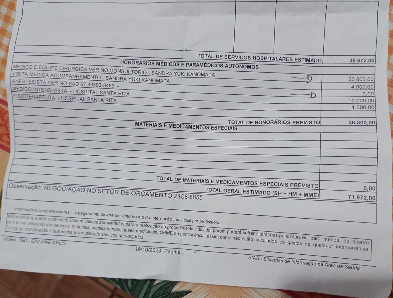 Os valores das custas hospitalares estão fora do orçamento da família 