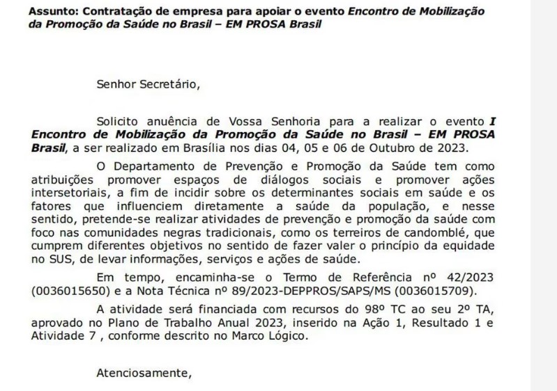 O ofício do dia 14 de setembro em que o diretor de Prevenção e Promoção da Saúde, Andrey Roosewelt Chagas Lemos, pede autorização para o evento 