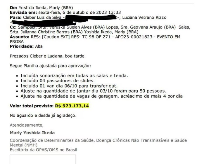 E-mail do dia 06 de outubro mostra o processo de contratação do evento dentro do Ministério da Saúde