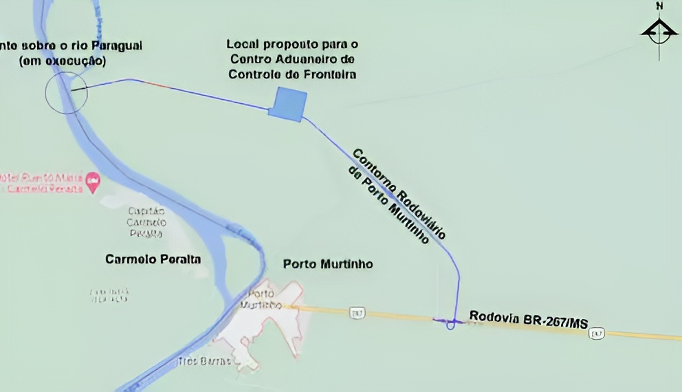 Traçado do contorno rodoviário de Murtinho para chegada à ponte da Rota Bioceânica