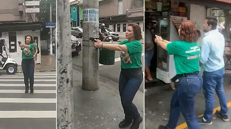 Deputada federal Carla Zambelli (PL-SP) com arma em punho durante confusão em São Paulo.