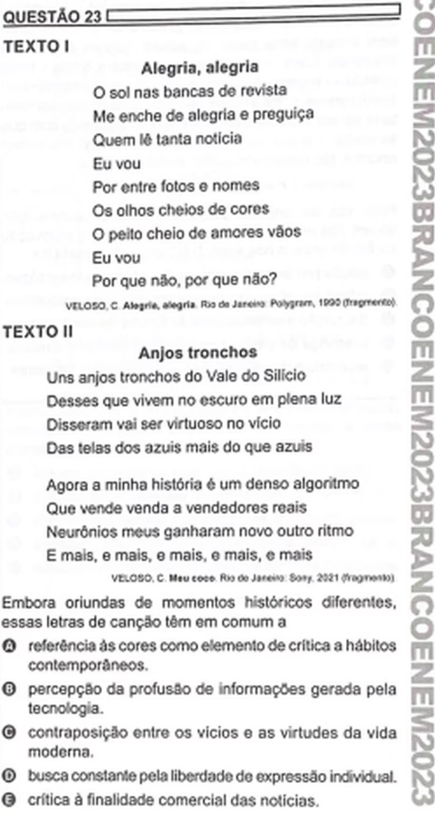 Questão sobre Caetano Veloso no Enem 2023. 
