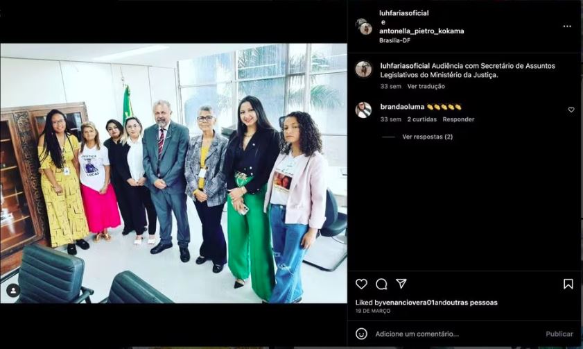 Em março, Luciane e sua equipe foram recebidas pelo secretário nacional de Assuntos Legislativos do Ministério da Justiça, o ex-deputado Elias Vaz