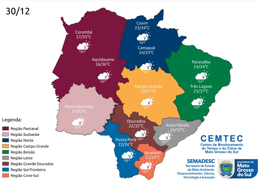 atuação de uma área de baixa pressão atmosférica sobre o Paraguai e o deslocamento de cavados favorecem a formação de nuvens e chuvas no Estado