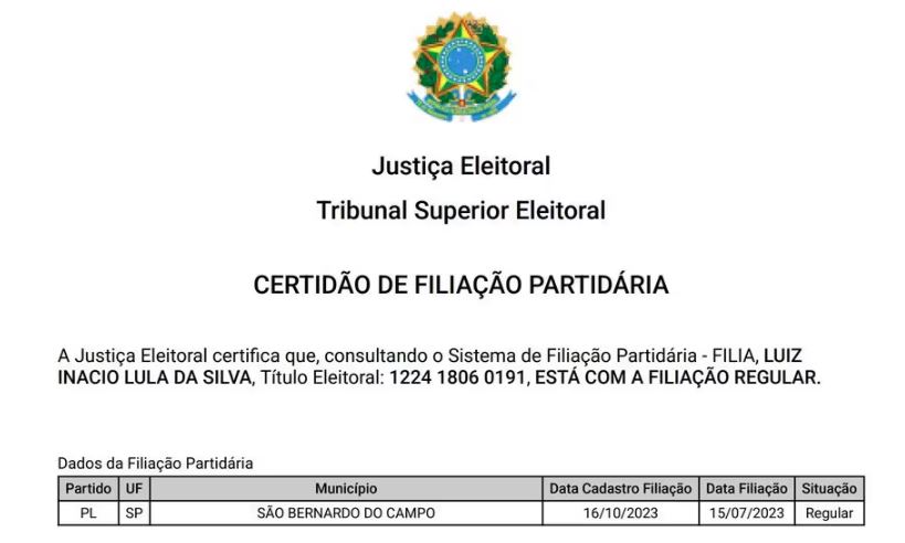 Certidão de filiação partidária, disponível no site do TSE, mostra Lula filiado ao PL desde 15 de julho de 2023