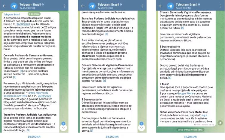 Mensagem disparada pelo Telegram sobre o projeto de lei