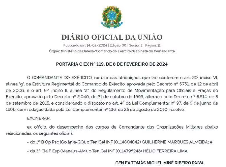 Exoneração dos militares foram publicadas no Diário Oficial da União desta quarta-feira (14)