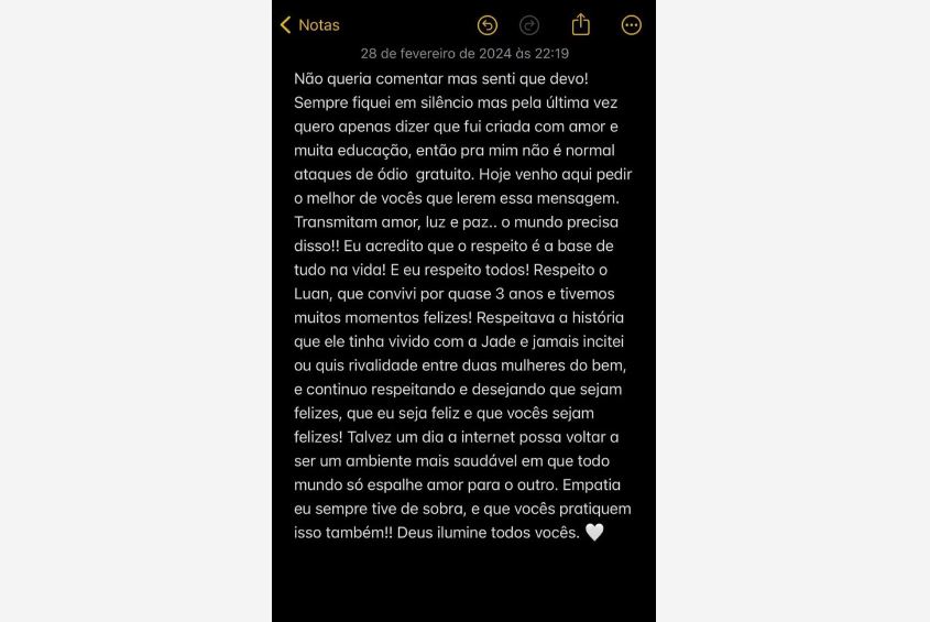 Izabela Cunha se pronuncia após Luan Santana e Jade Magalhães reatarem o namoro