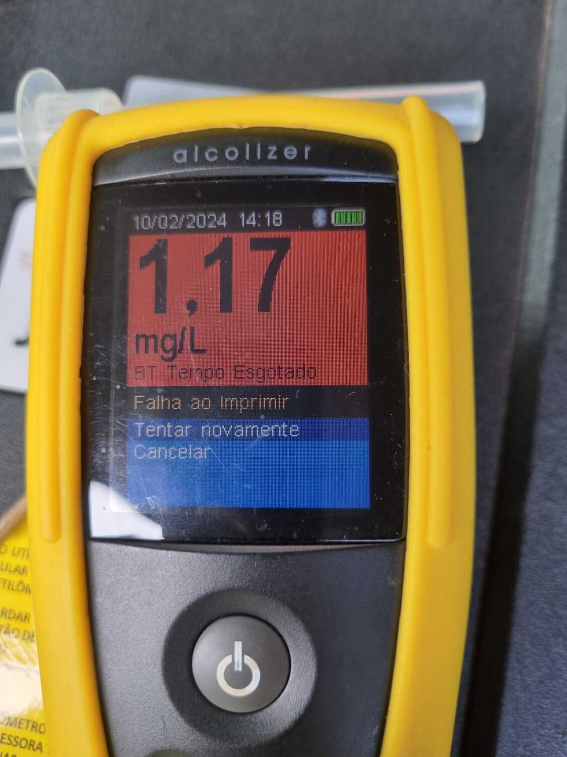 Etilômetro marcando o resultado de 1.50 mg/L