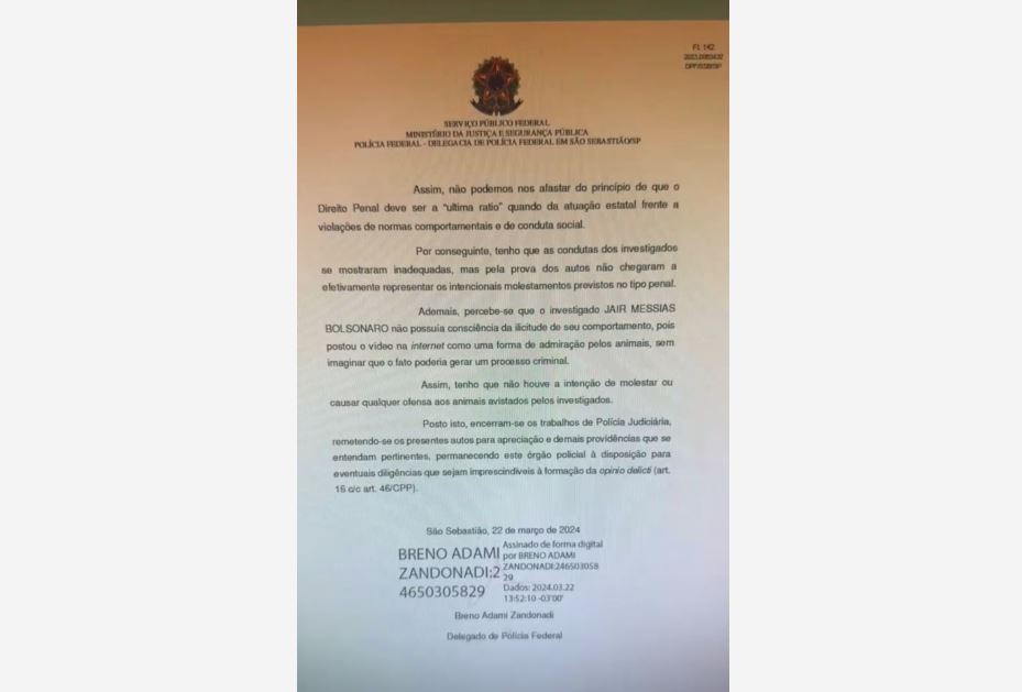 Trecho do relatório final da investigação, concluída sem o indiciamento do ex-presidente Jair Bolsonaro