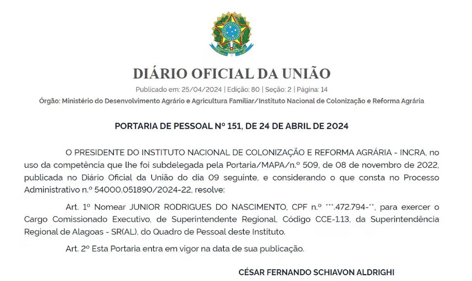 Portaria com a nomeação de Junior Rodrigues do Nascimento para o cargo de superintendente do Incra de Alagoas, publicada nesta quinta-feira (25)