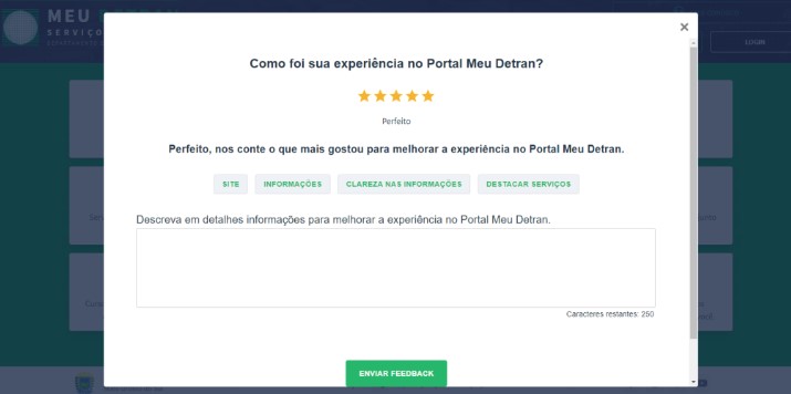 Ao abrir o portal de serviços Meu Detran, a Pesquisa de Satisfação aparece no topo da página