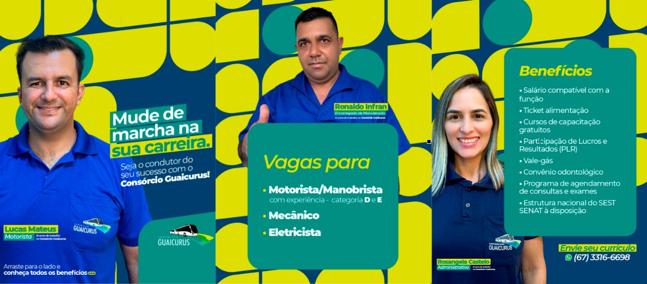 Consórcio Guaicurus abre vagas para Motoristas, Mecânicos e Eletricistas