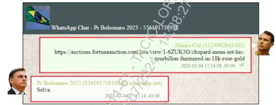 Mensagem trocada entre Mauro Cid e Jair Bolsonaro sobre leilão de joias