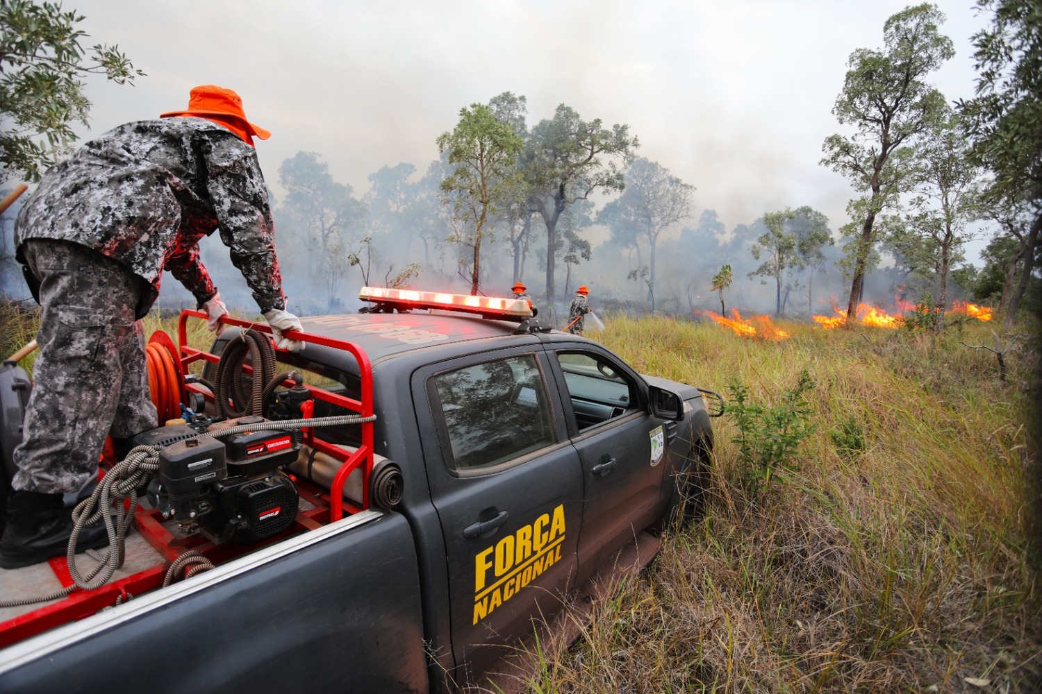 Força Nacional e o Corpo de Bombeiros trabalham juntos no combate a chamas no Pantanal (Foto: Saul Schramm)