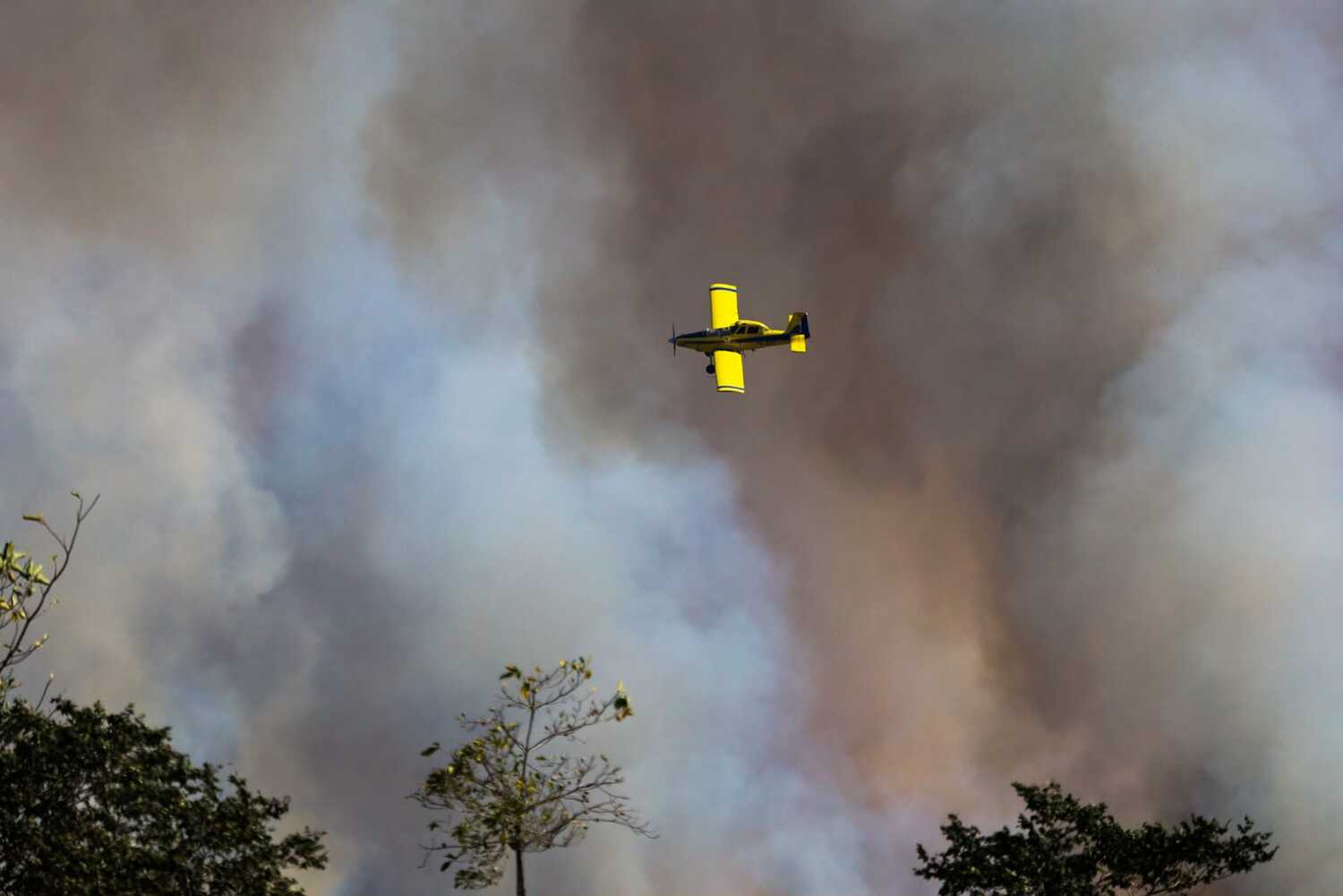 Avião trabalha no combate aos focos de incêndio 