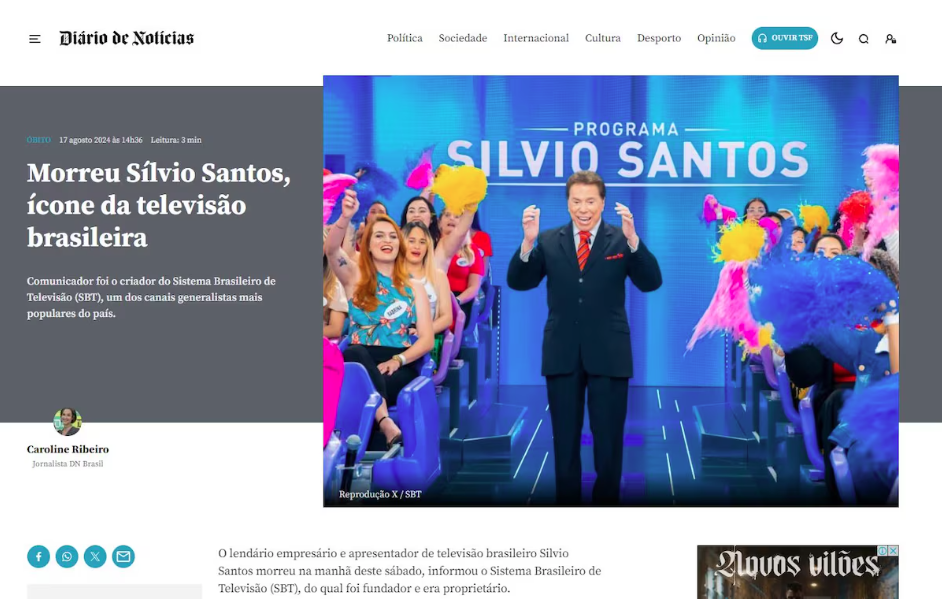 Diário de Notícias, de Portugal, publicou reportagem sobre a morte de Silvio Santos.