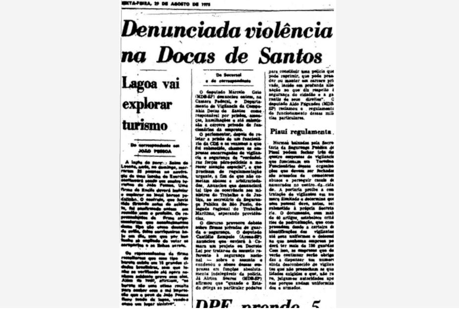 'Denunciada violência na Docas de Santos', chamada do Estadão em 19 de agosto de 1975