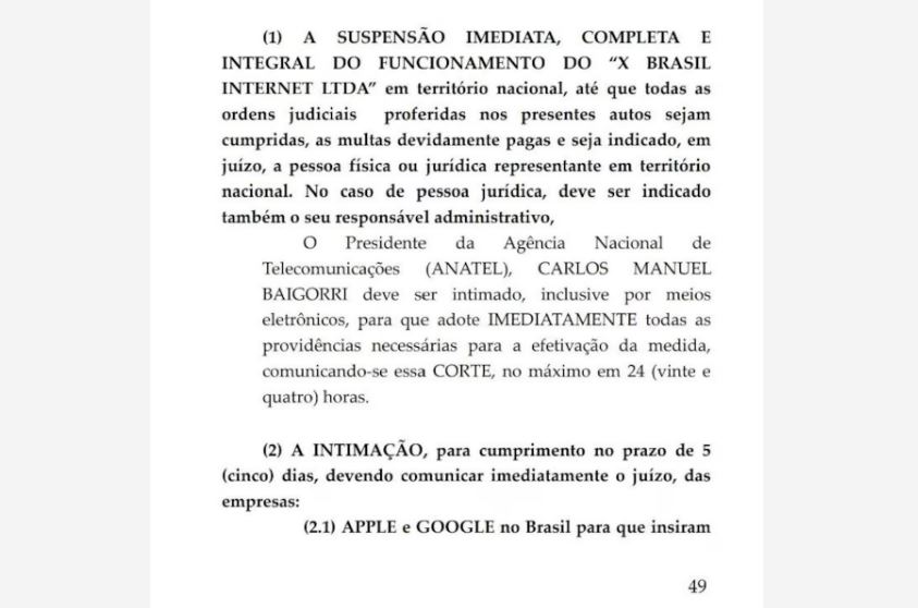 Trecho da decisão do ministro Alexandre de Moraes que mandou suspender o X no Brasil
