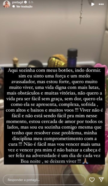 Preta Gil reflete sobre novo diagnóstico de câncer