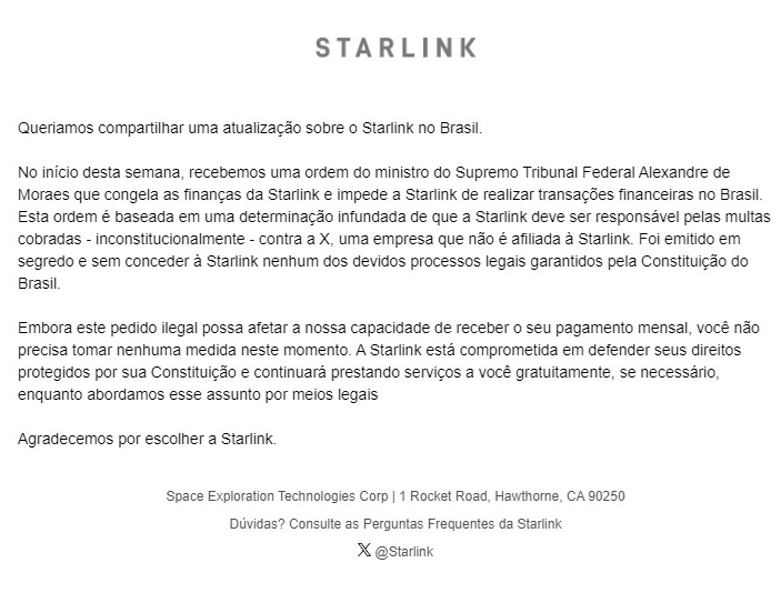 Apesar do bloqueio, a Starlink garantiu que continuará oferecendo internet no Brasil, sem cobrar dos clientes.