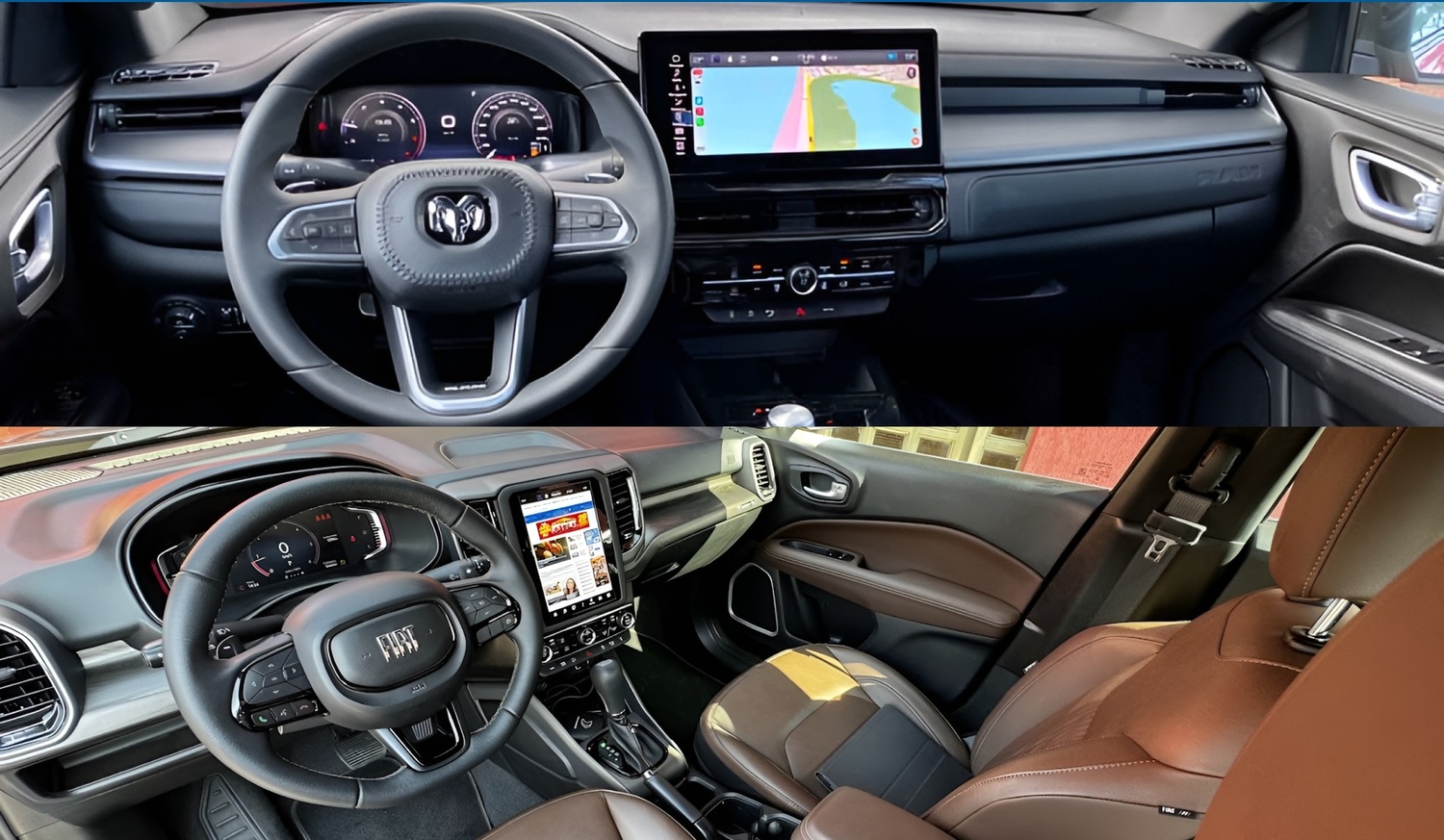 - Comparação dos interiores: à esquerda, o design esportivo e tecnológico da RAM Rampage; à direita, o refinado acabamento em couro da Fiat Toro, na versão Ranch, destacando o conforto e a sofisticação.