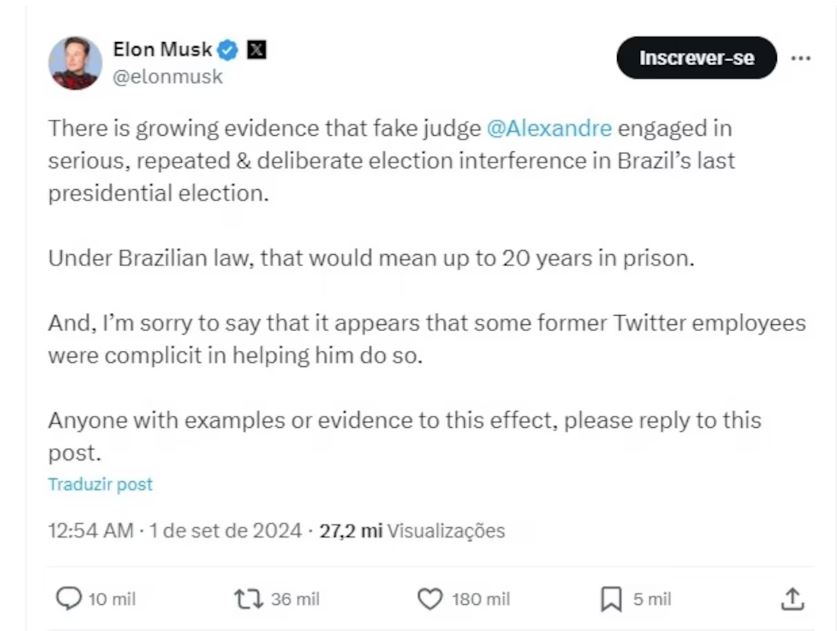 Elon Musk acusa o minsitro Alexandre de Moraes (STF), sem provas, de interferir no processo eleitoral de 2022