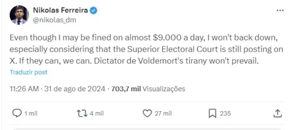 O deputado Nikolas Ferreira (PL-MG) publicou no sábado, 31, em seu perfil no X (Twitter), se referindo a Moraes como 