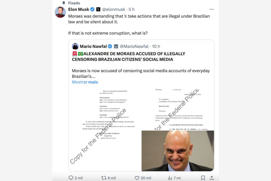 Elon Musk insinua que Moraes cometeu