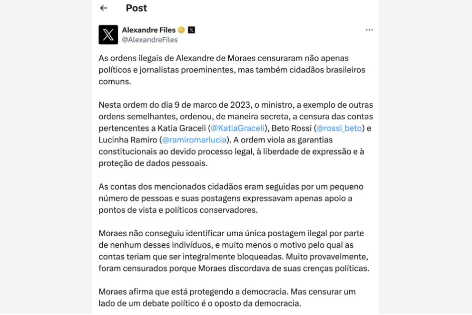 Perfil Alexandre Files expõe decisão sigilosa de Alexandre de Moraes