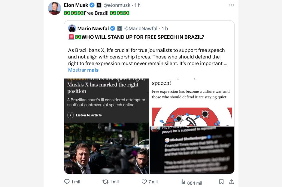 Publicação de Elon Musk no X (ex-Twitter)