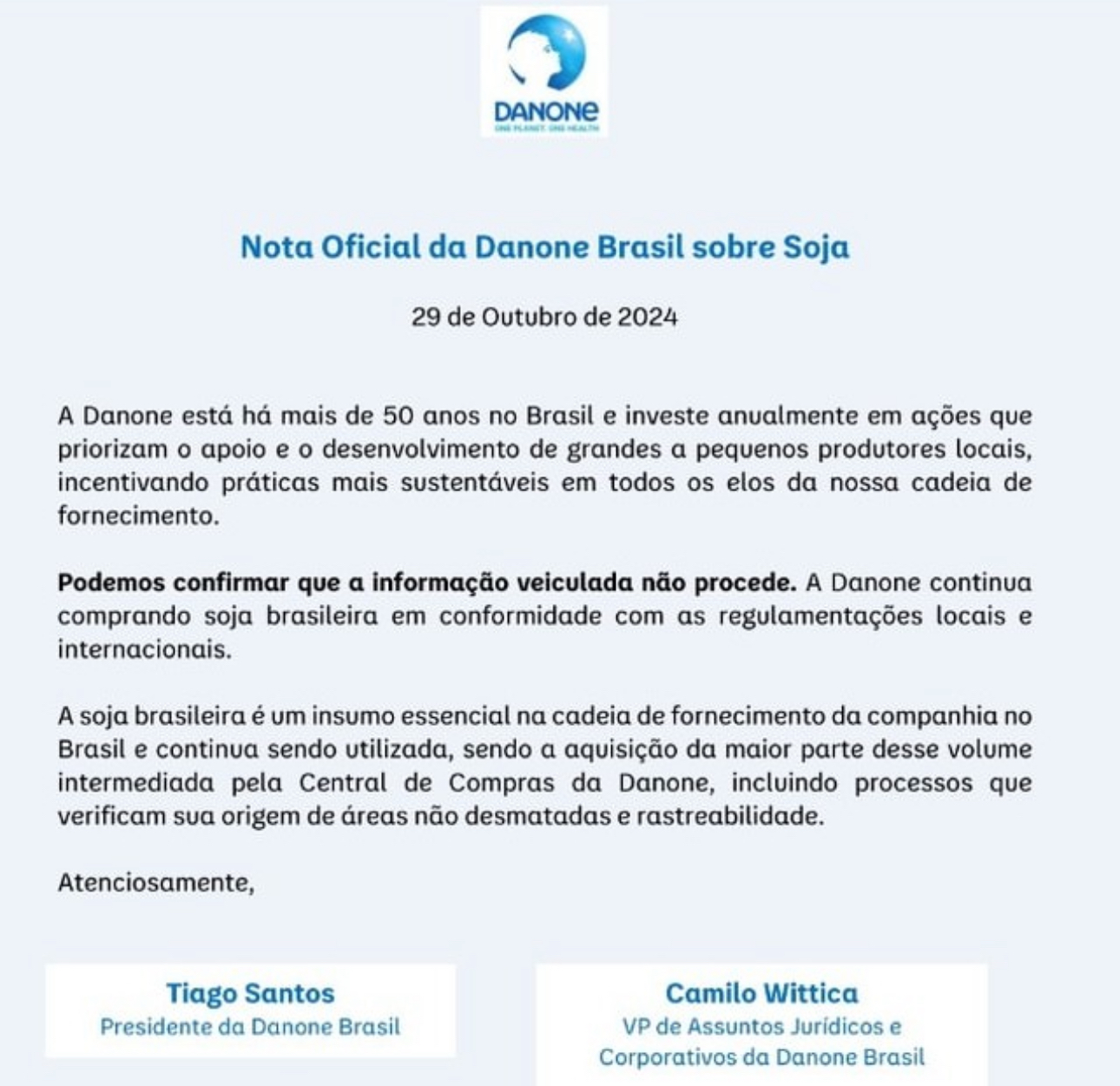 Nota oficial da Danone Brasil sobre a Soja