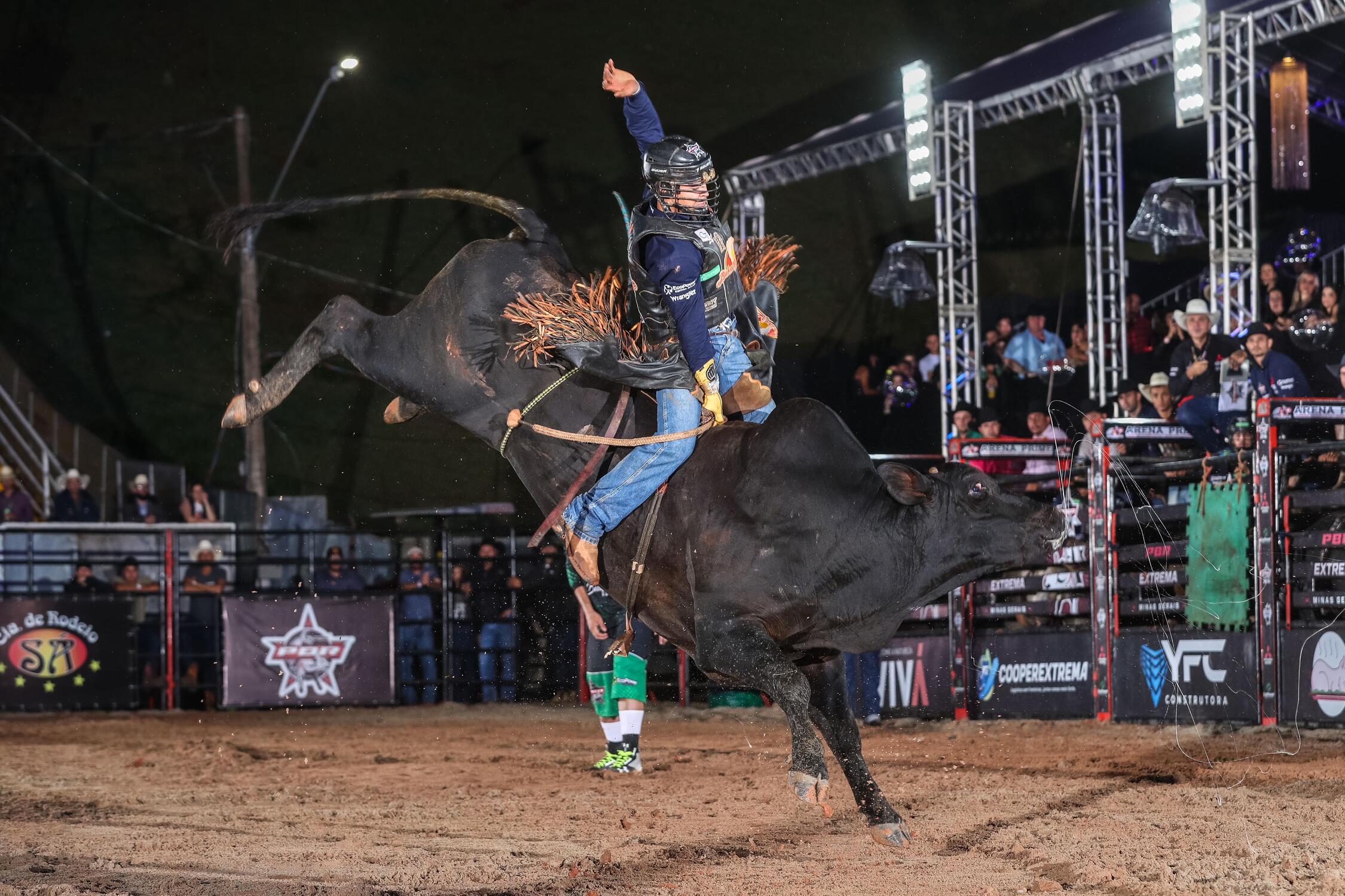 Competidor desafiando o touro na arena  Na ExpoGenética, Campo Grande recebe touros de elite da PBR, com leilão que permite aos fãs investirem no esporte