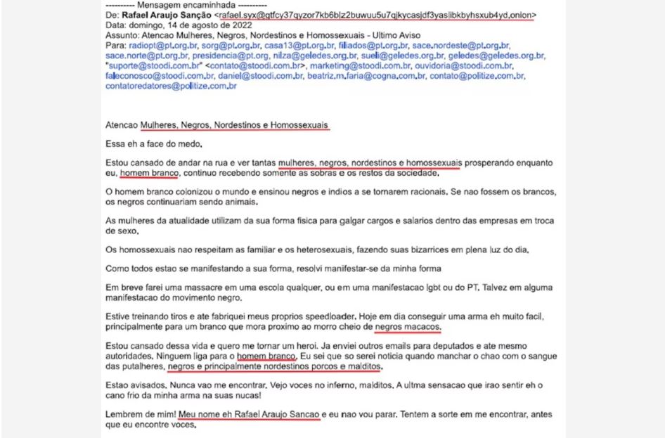 Investigação teve início após a deputada estadual Bruna Rodrigues (PC do B) denunciar o recebimento de e-mail com ameaças de agressão sexual e morte contra ela e sua filha, além de ofensas racistas e extremistas.