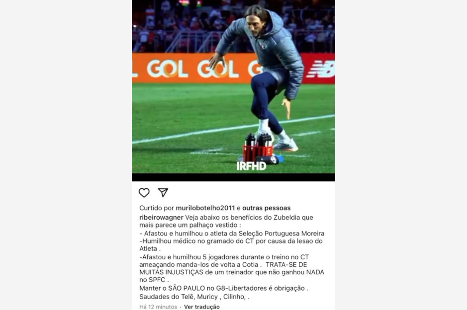 Publicação de Wagner Ribeiro com acusações contra Zubeldía