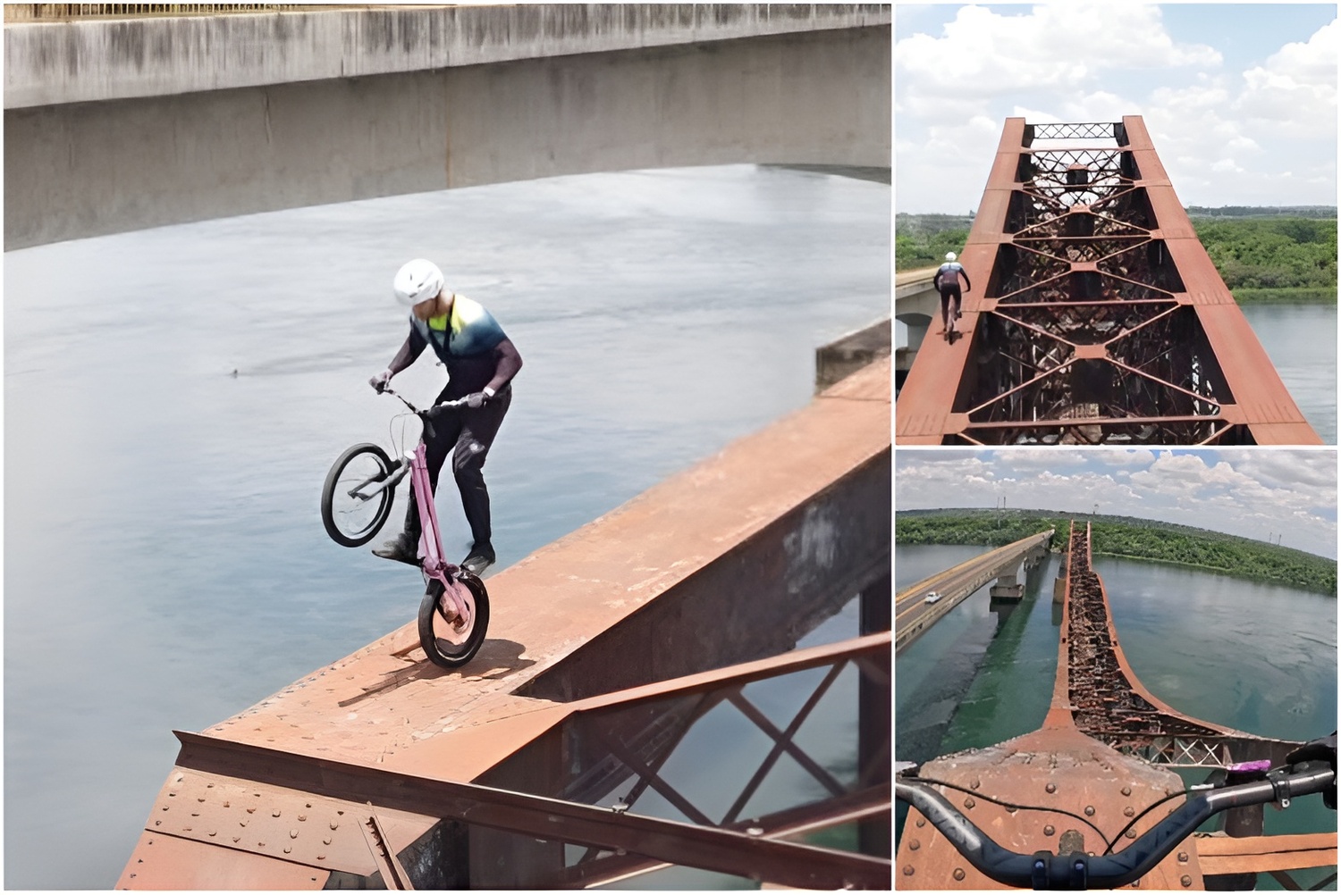 O campeão de Bike Trial exibe controle e habilidade ao realizar movimentos sobre a ponte ferroviária, com 12 metros de altura