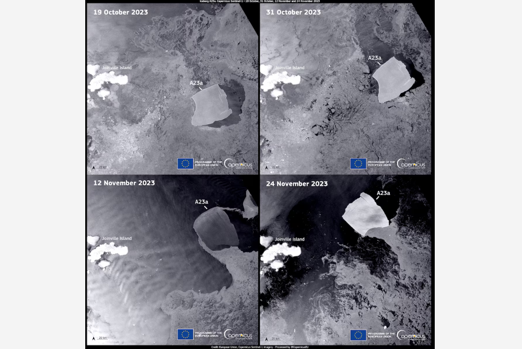 Imagens de satélite do maior iceberg do mundo, captadas pela agência Copernicus, da União Europeia, no final do ano passado