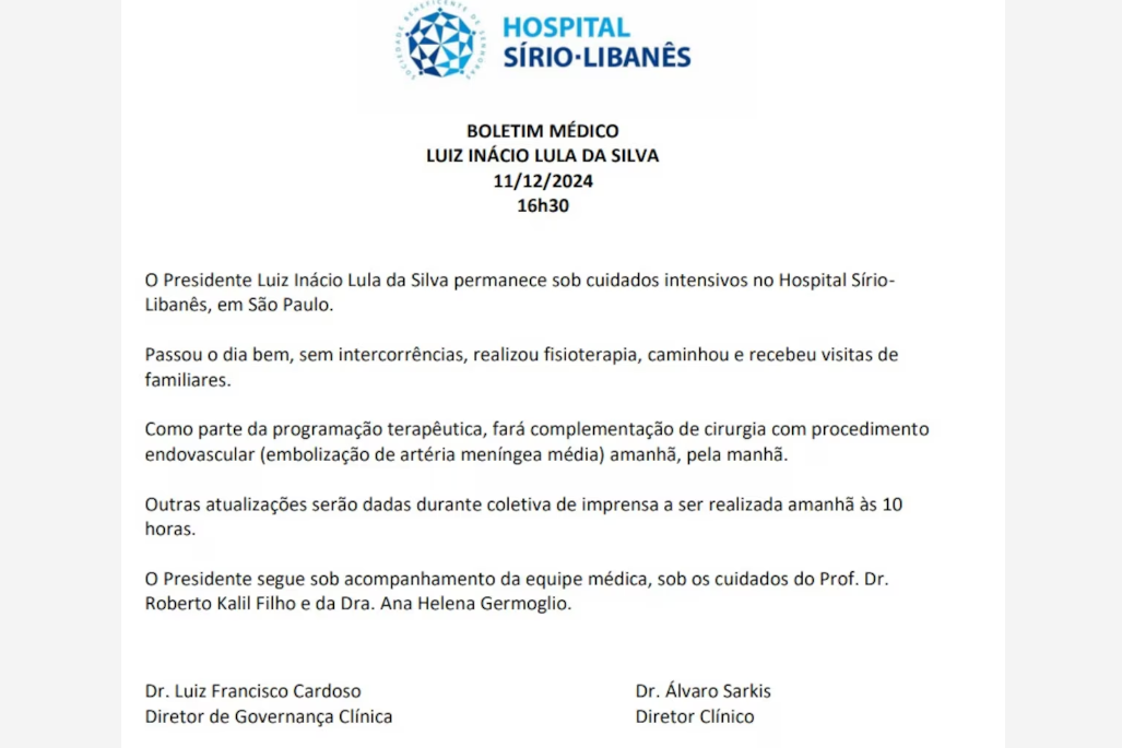 O boletim médico do presidente Luiz Inácio Lula da Silva (PT) divulgado na tarde desta quarta-feira, 11
