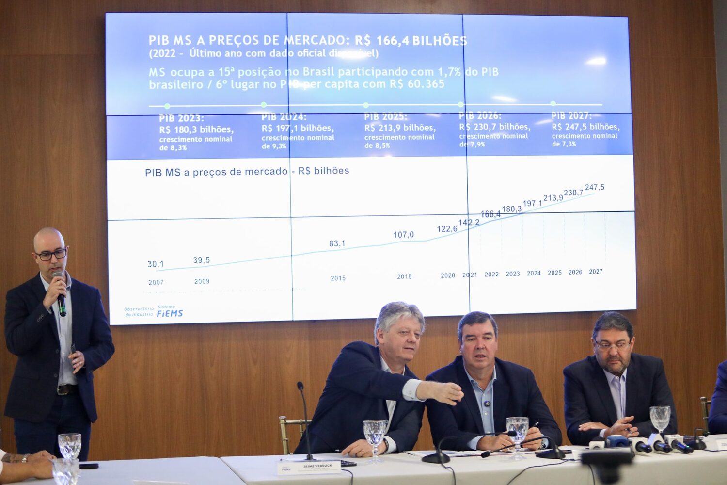O secretário de Estado Jaime Verruck, o governador Eduardo Riedel e o presidente da Fiems, Sergio Longen