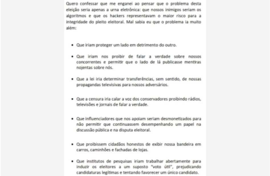 Discurso que teria sido escrito por Filipe Martins para Bolsonaro após derrota em 2022, segundo a PF.