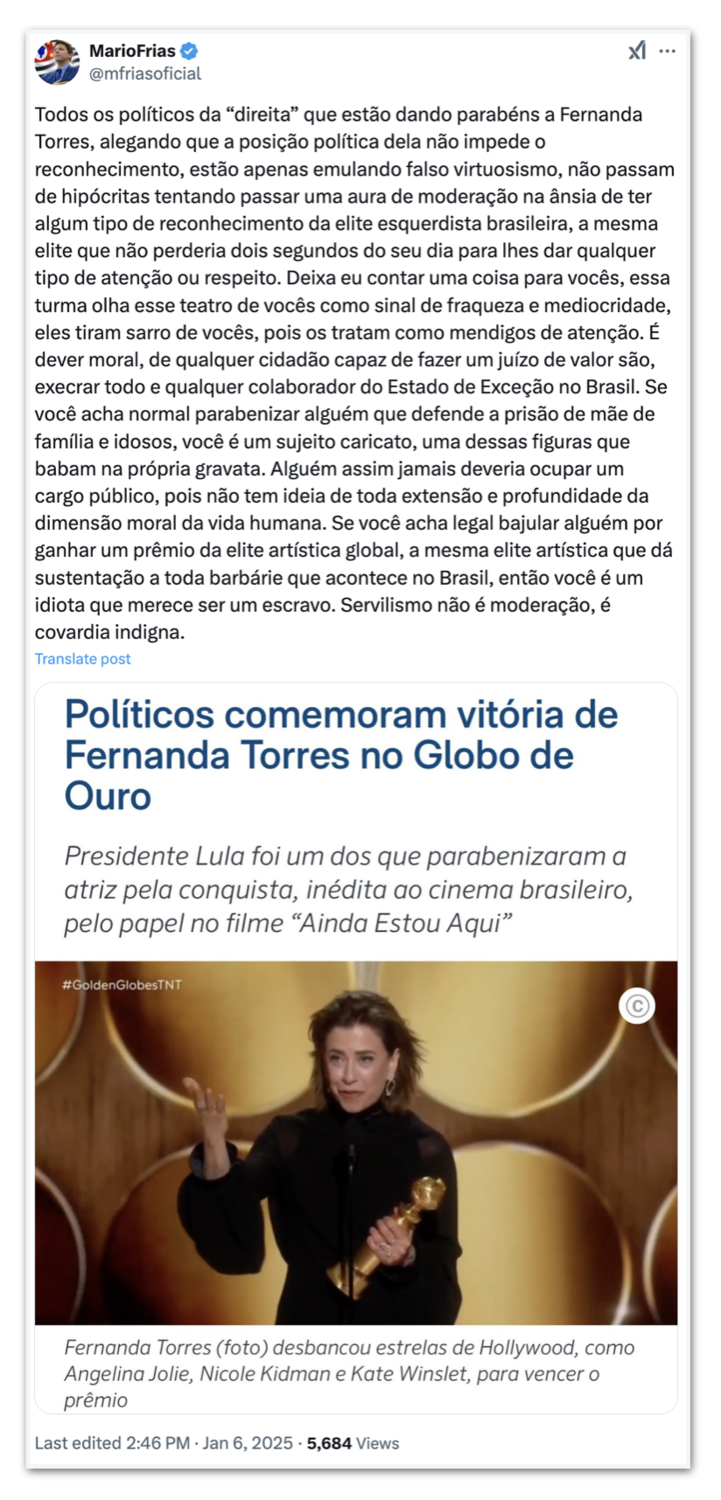 Em publicações no X, Mario Frias afirmou que a vitória de Fernanda Torres no Globo de Ouro não representa o Brasil, mas uma 