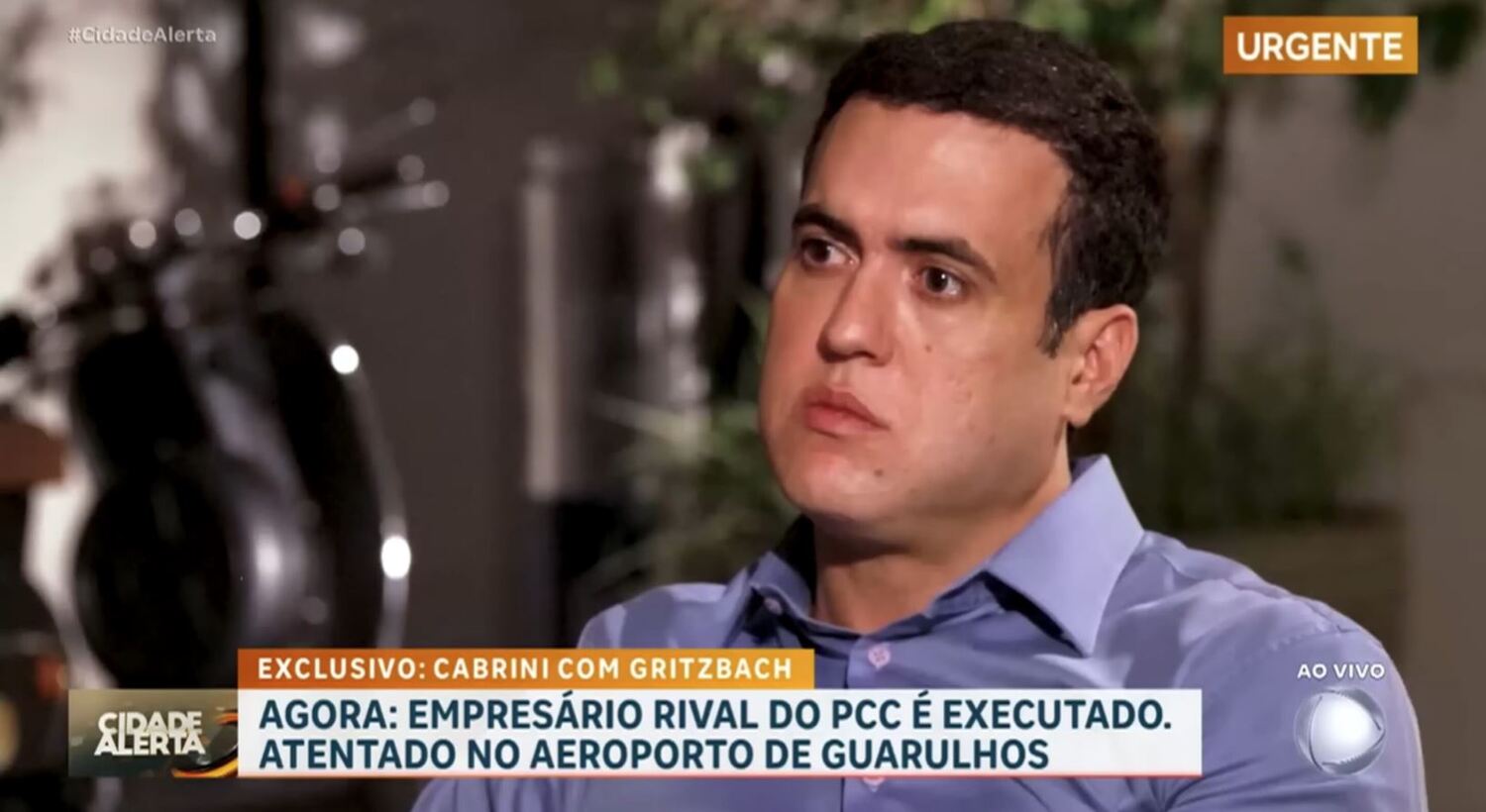 Vinicius Gritzbach durante entrevista a Roberto Cabrini, da TV Record, em matéria para o 'Domingo Espetacular', em fevereiro de 2024; empresário foi executado no aeroporto de Guarulhos.