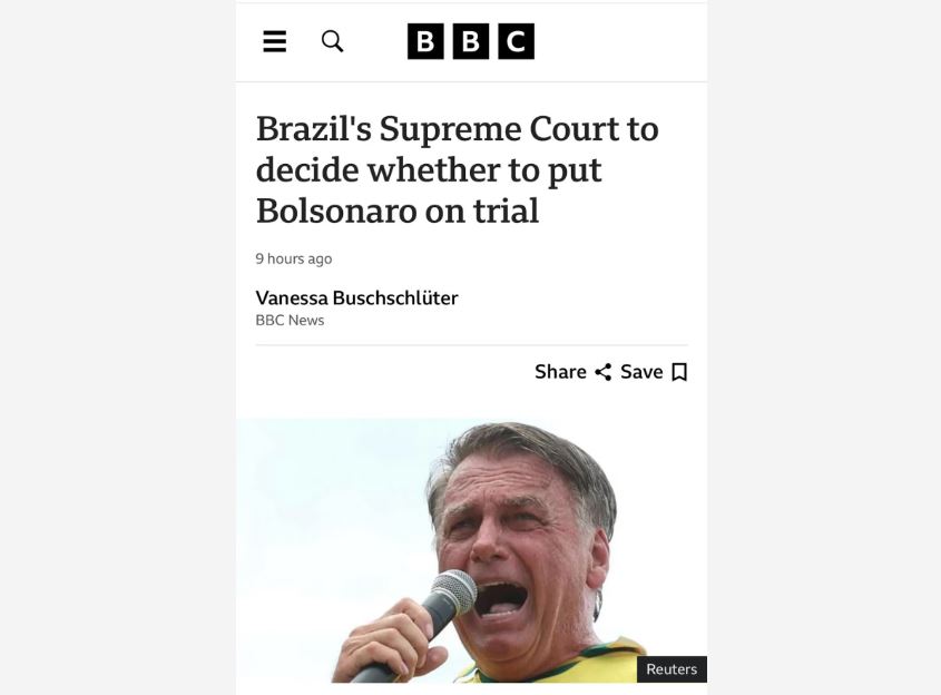 BBC destaca início do julgamento que vai decidir se Bolsonaro vira réu ou não